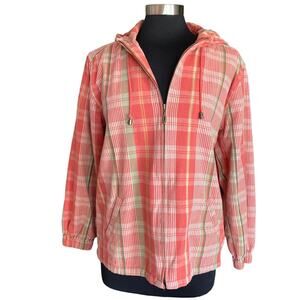 Christopher & Banks Orange Green Plaid Full Zip Cotton Twill Jacket Hooded MED